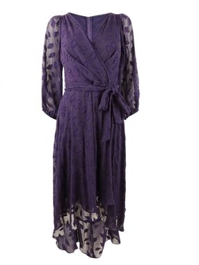 DKNY Purple Wrap High-Low Midi Dress with Sheer Sleeves